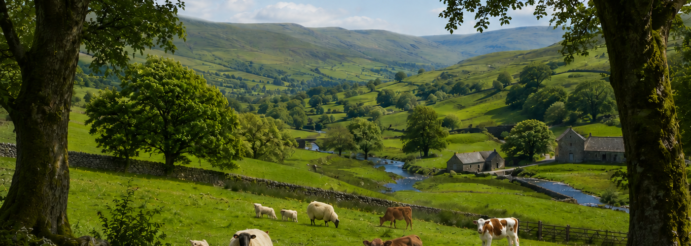 Rolling, green hills with large trees in the foreground. Sheep and calves are visible, grazing.