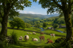 Rolling, green hills with large trees in the foreground. Sheep and calves are visible, grazing.