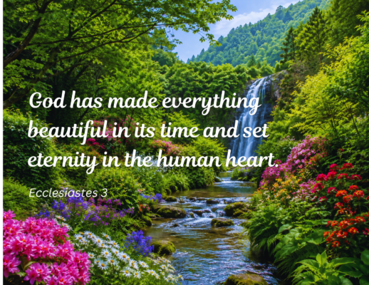 a natural landscape with lots of greenery and colorful flowers with a waterfall flowing into a stream. Overlayed are the words "God has made everything beautiful in its time and set eternity in the human heart. Ecclesiastes 3."