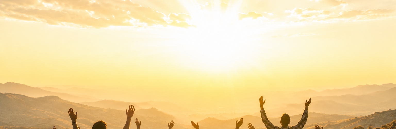 A group of people facing away from the camera with hands raised as the sun rises.