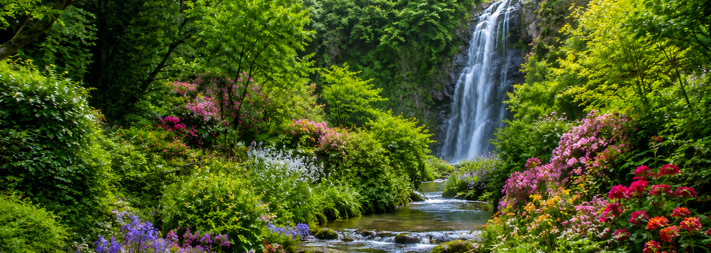 a natural landscape with lots of greenery and colorful flowers, with a waterfall in the background, flowing into a stream in the foreground