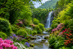a natural landscape with lots of greenery and colorful flowers, with a waterfall in the background, flowing into a stream in the foreground