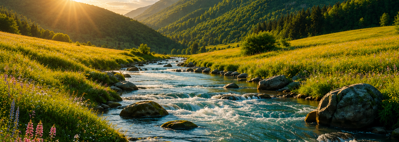 rolling hills in the background, a lush green meadow with a rushing river in the foreground. The sun peeks over the mountains in a blue sky with scattered clouds.