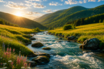 rolling hills in the background, a lush green meadow with a rushing river in the foreground. The sun peeks over the mountains in a blue sky with scattered clouds.