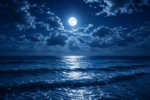 a view of the ocean at night with a full moon in the sky with scattered clouds.
