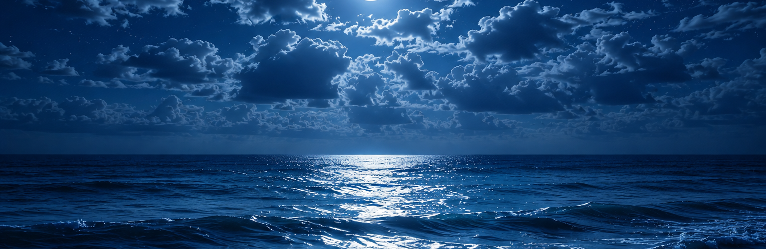 a view of the ocean at night with a full moon in the sky with scattered clouds.