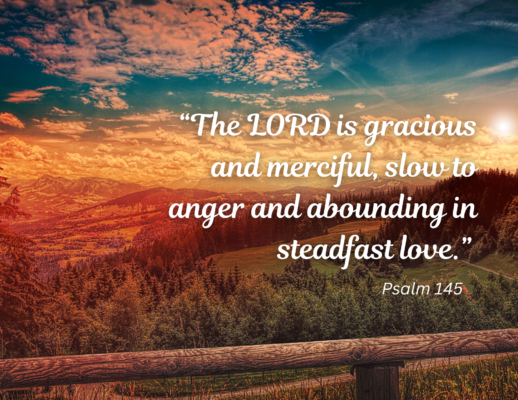 Bulletin 2026-09-20 A view during golden hour, looking over a beautiful landscape with blue skies above. Text reads: "The LORD is gracious and merciful, slow in anger and abounding in steadfast love." Psalm 145