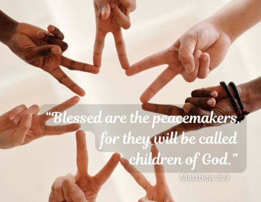 Bulletin 2026-10-04(1) The camera looks up underneath a group of people putting their first two fingers together (connecting peace signs to make a star). Text reads: "Blessed are the peacemakers for they will be called the children of God." Matthew 5:9
