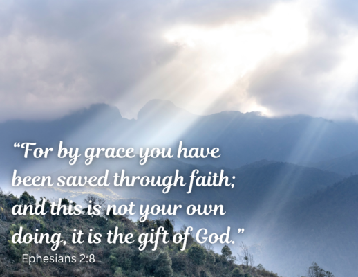 Bulletin 2026-10-25 Green hill in the foreground and hills that look blue in the background. A strong sunbeam shines down through parted clouds in the sky. Text reads: "For by grace you have been saved through faith; and that is not your own doing, it is the gift of God." Ephesians 2:8